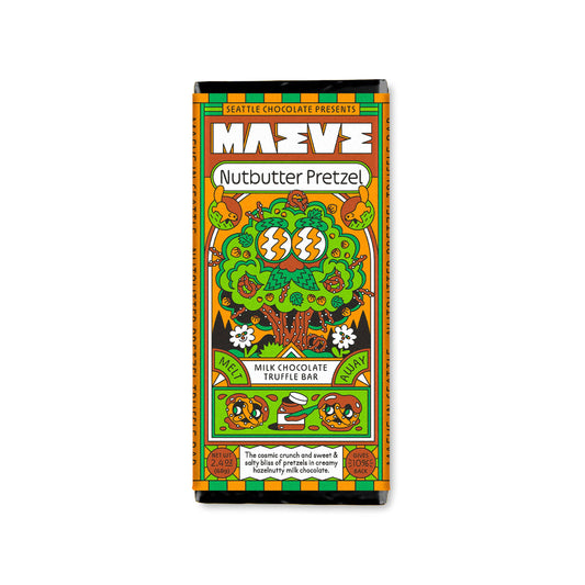 Maeve Nutbutter Pretzel chocolate bar packaging on a white background