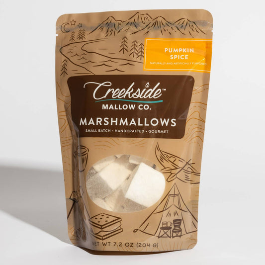 Package of Creekside Mallow Co. marshmallows with pumpkin spice flavor on a white background