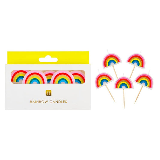 Packaged rainbow candles with a yellow top and white box on a white background