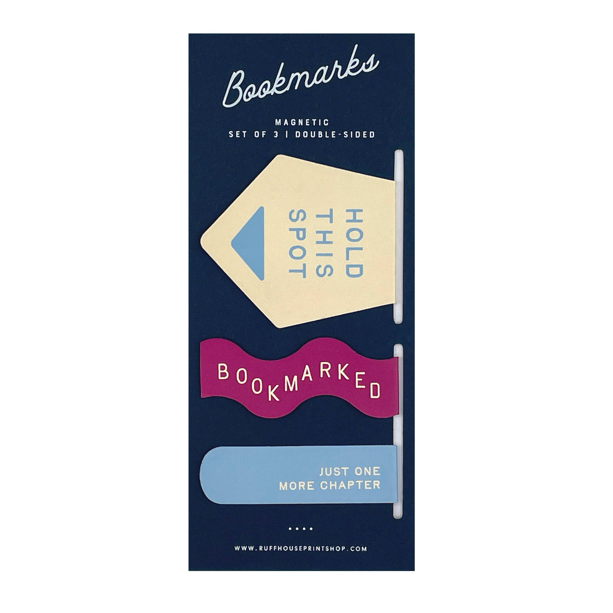 Packaging of bookmarks with text and graphics on a blue background