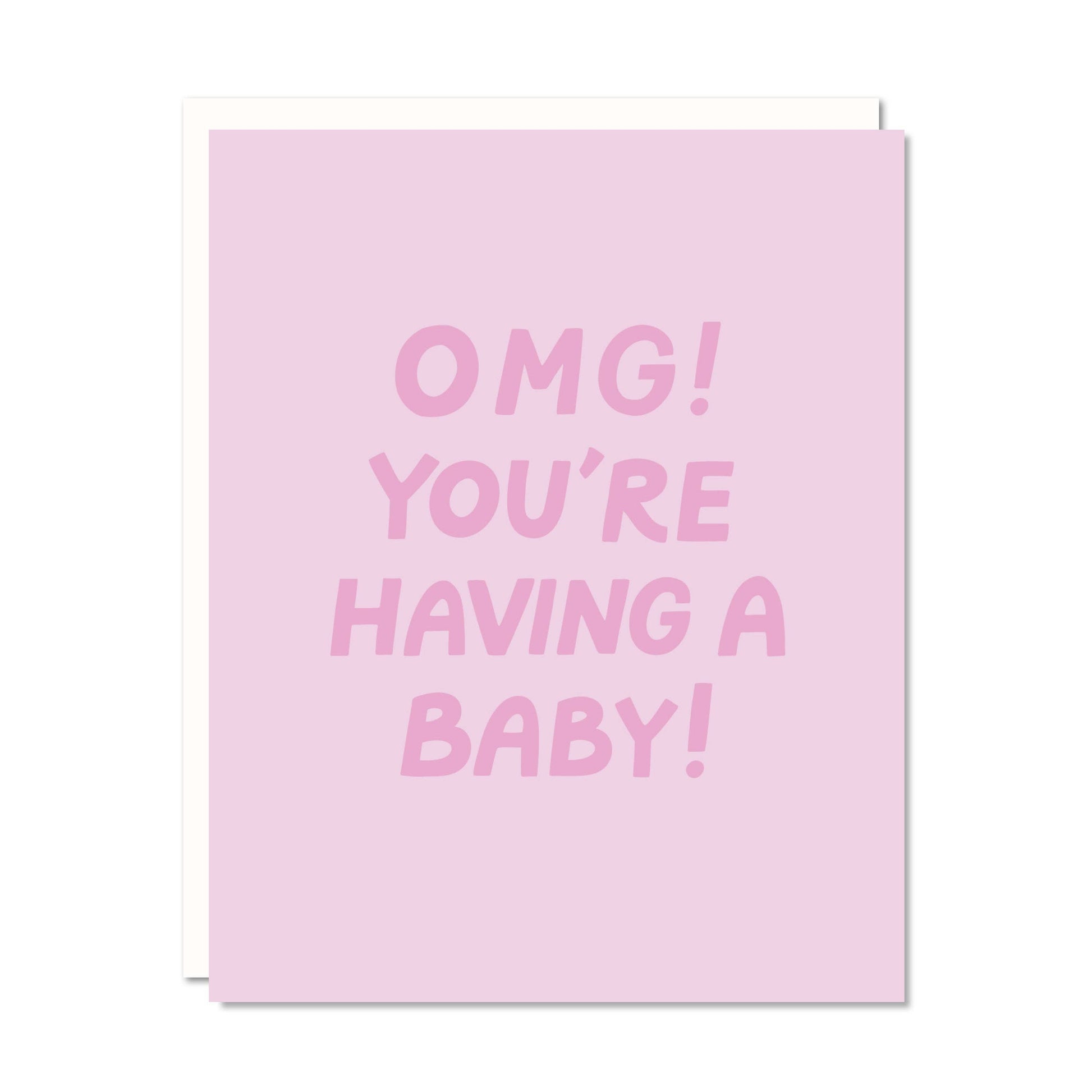 Pink card with 'OMG! You're having a baby!' text on a white background