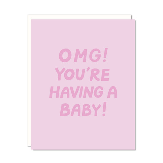 Pink card with 'OMG! You're having a baby!' text on a white background