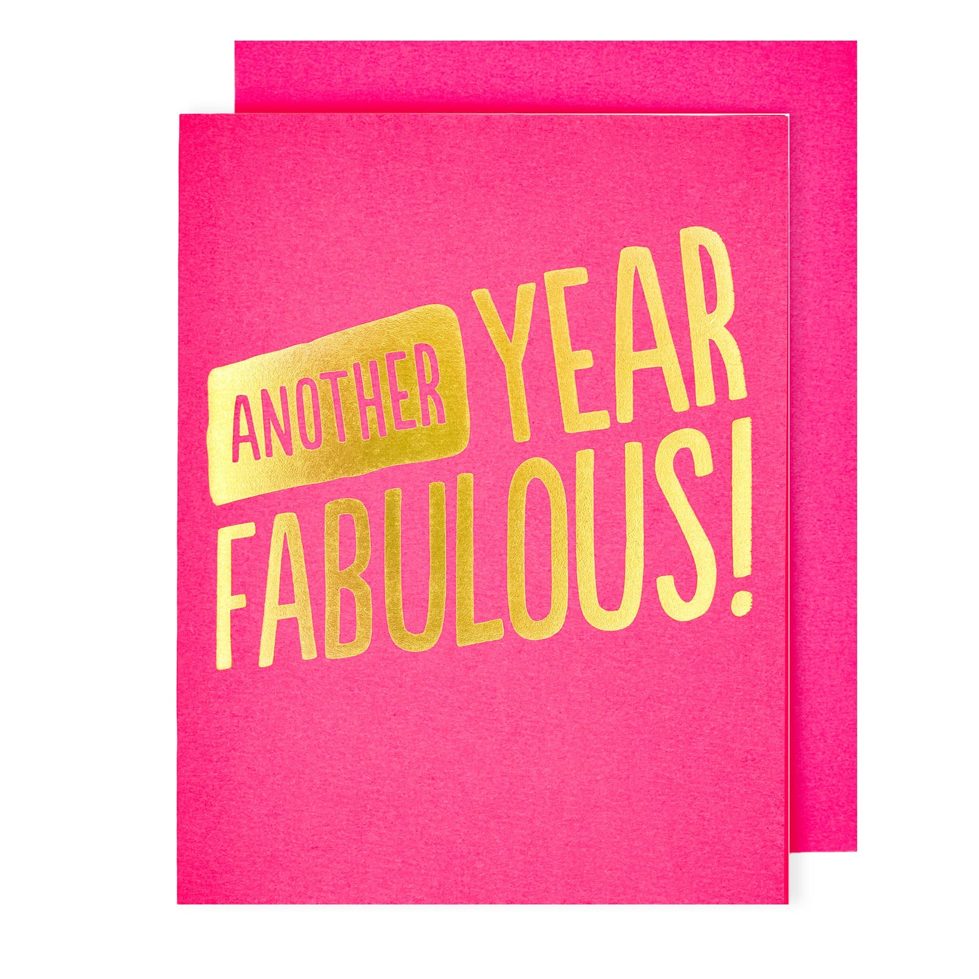 Pink card with gold text 'Another Year Fabulous!' on a white background