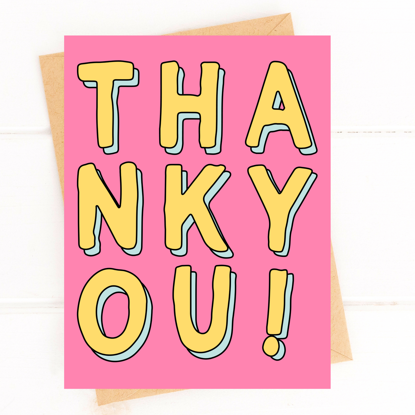 Pink card with yellow text spelling 'THANK YOU!' on a white background