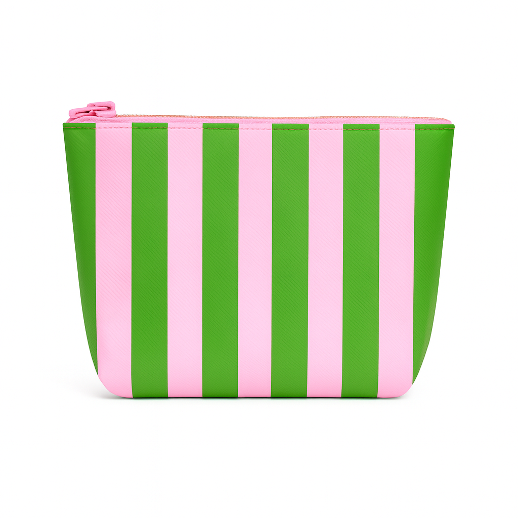 Pouch with green and pink vertical stripes on a white background