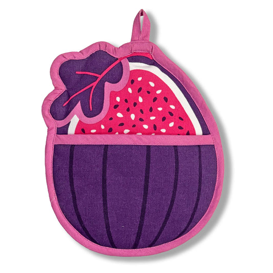 Purple fig-shaped potholder with pink border on a white background