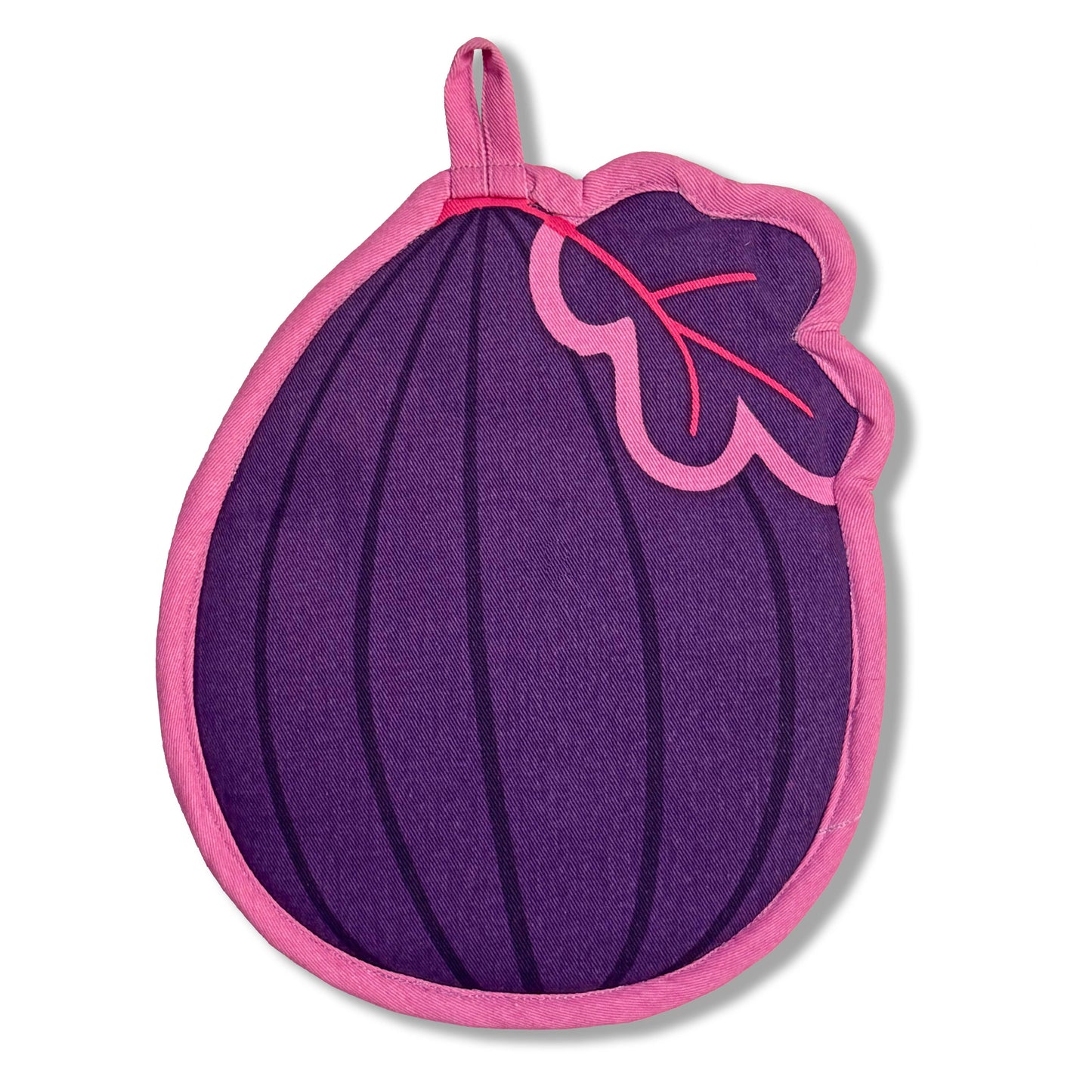 Purple eggplant-shaped pot holder with pink border on a white background