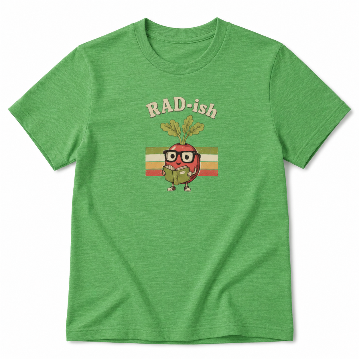 Green t-shirt with a cartoon radish character and 'RAD-ish' text on a white background