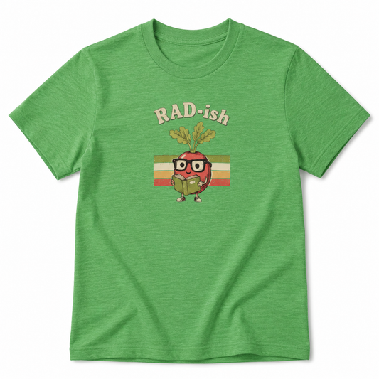 Green t-shirt with a cartoon radish character and 'RAD-ish' text on a white background