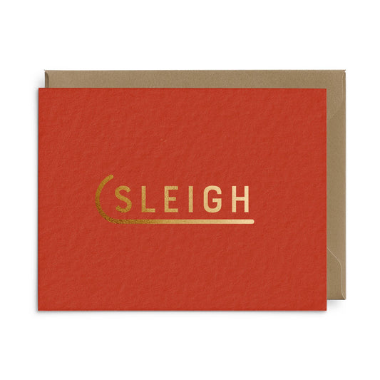 Red card with gold 'SLEIGH' text on a white background