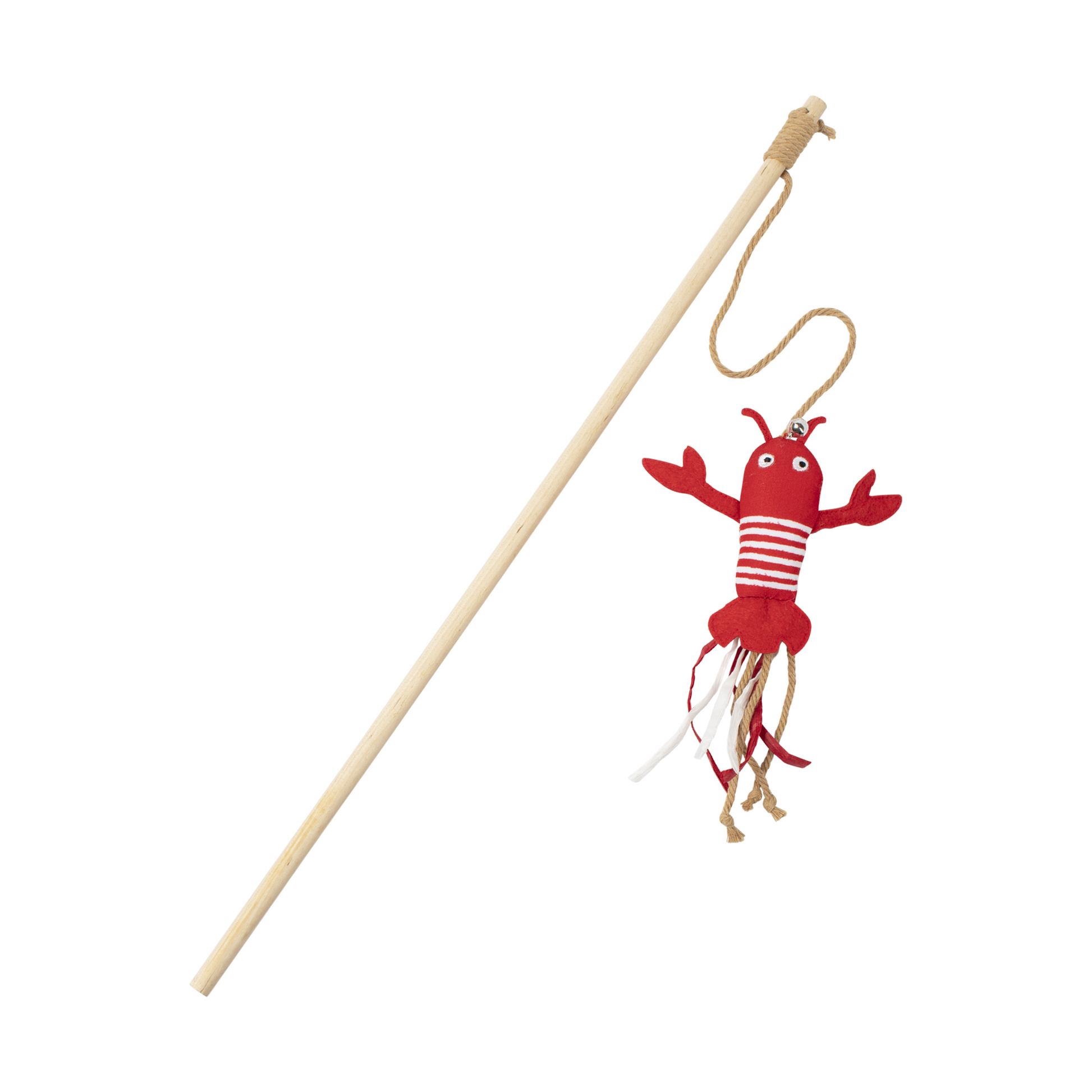 Red lobster-shaped cat toy with a wooden stick on a white background