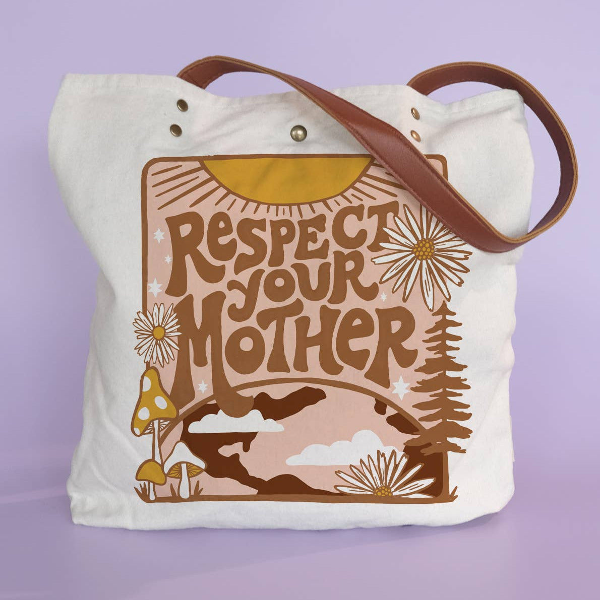 Tote bag with 'Respect Your Mother' text and nature-themed design on a purple background