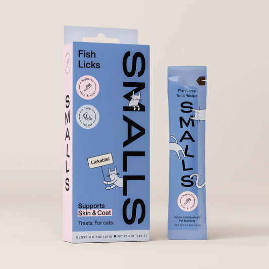 SMALLS Fish Licks packaging for cats on a light gray background