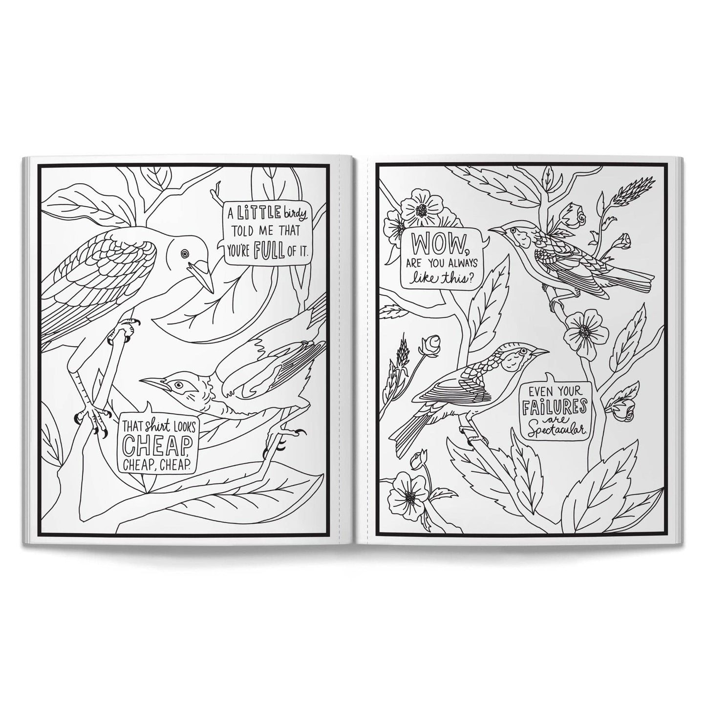 Coloring book pages with birds and motivational text on a white background