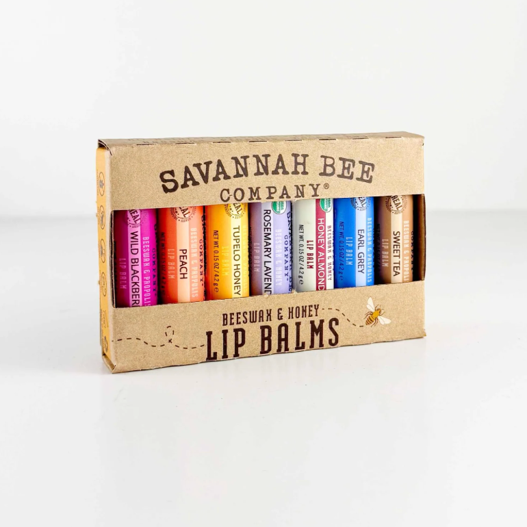 Box of Savannah Bee Company lip balms on a white background