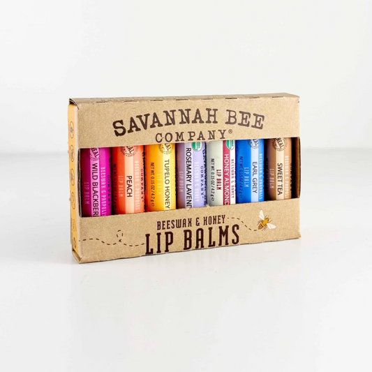 Box of Savannah Bee Company lip balms on a white background