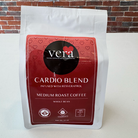 cardio blend coffee against a brick background