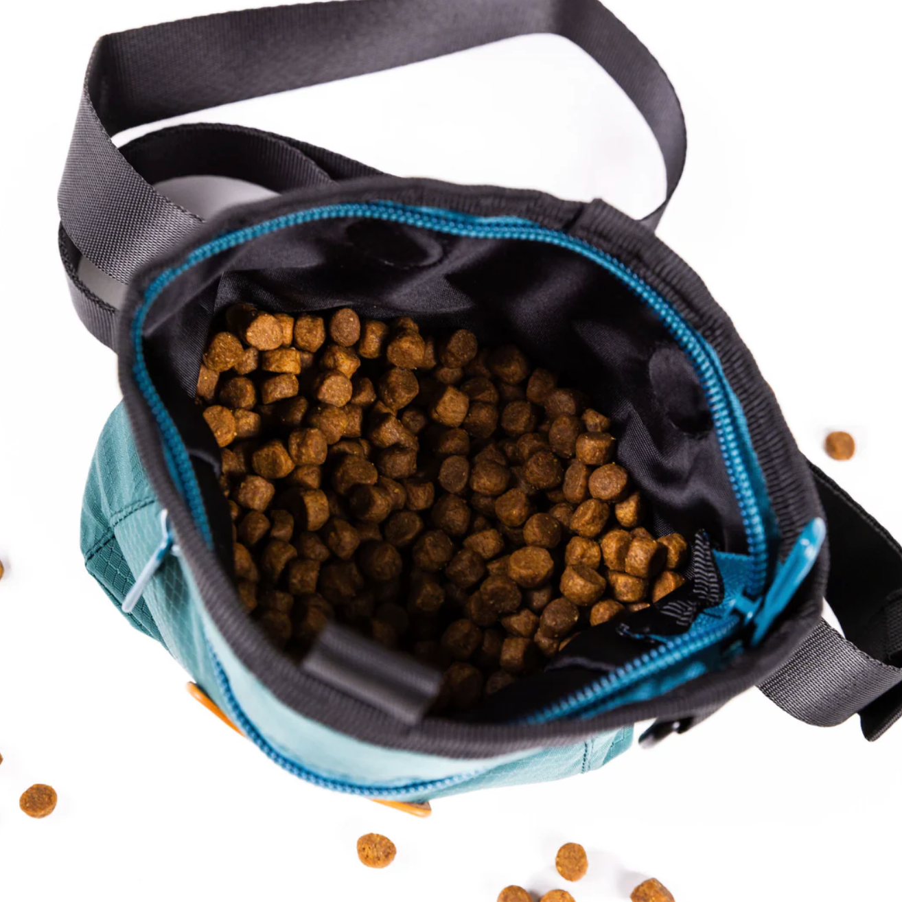 dog treat bag opened up showing dog kibble