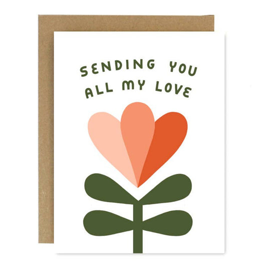 Greeting card with hearts and text 'Sending you all my love' on a white background