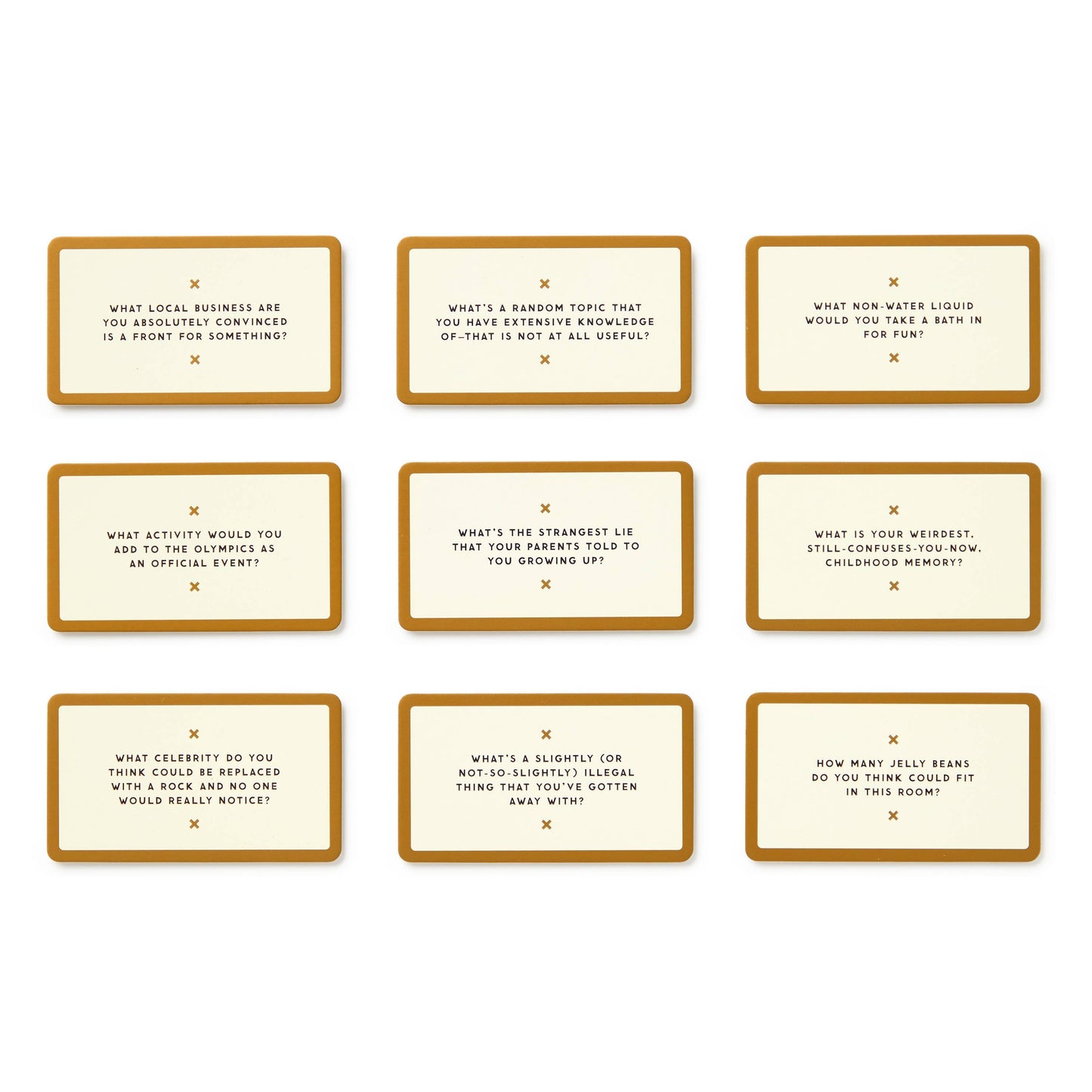 Set of cards with humorous and thought-provoking questions on a white background