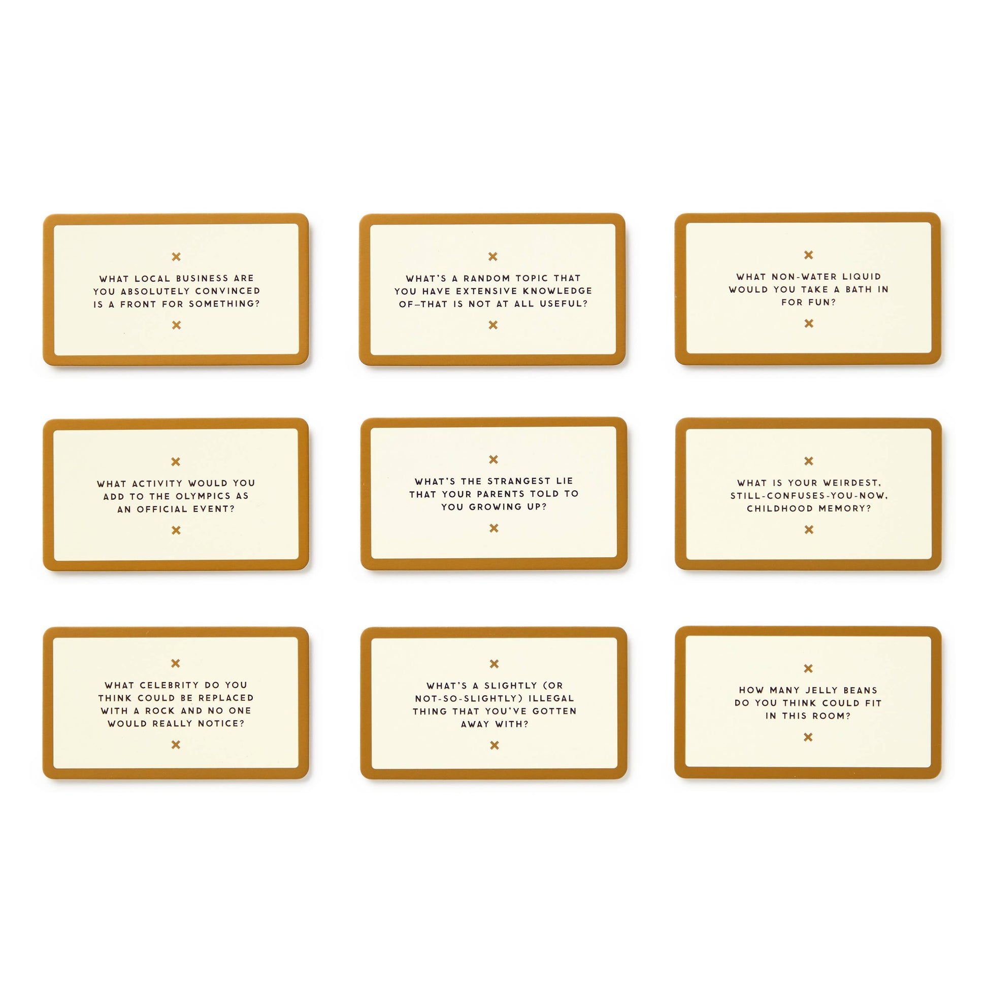Set of cards with humorous and thought-provoking questions on a white background