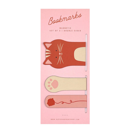 Set of cat-themed bookmarks on a pink card with 'Bookmarks' text.
