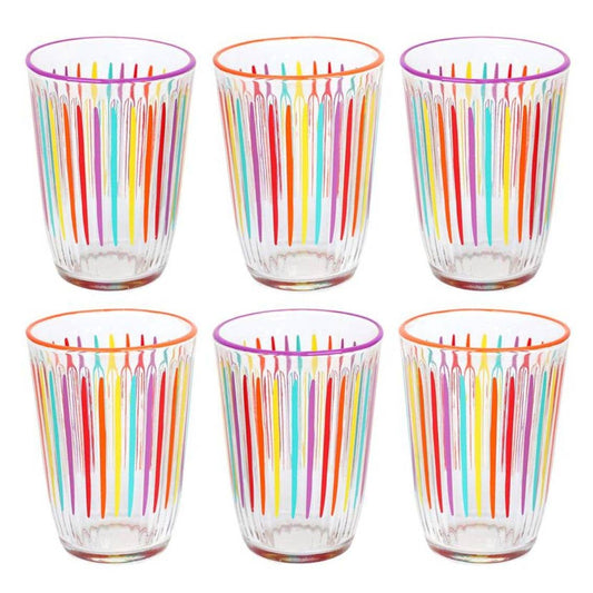 Set of six colorful striped glasses on a white background