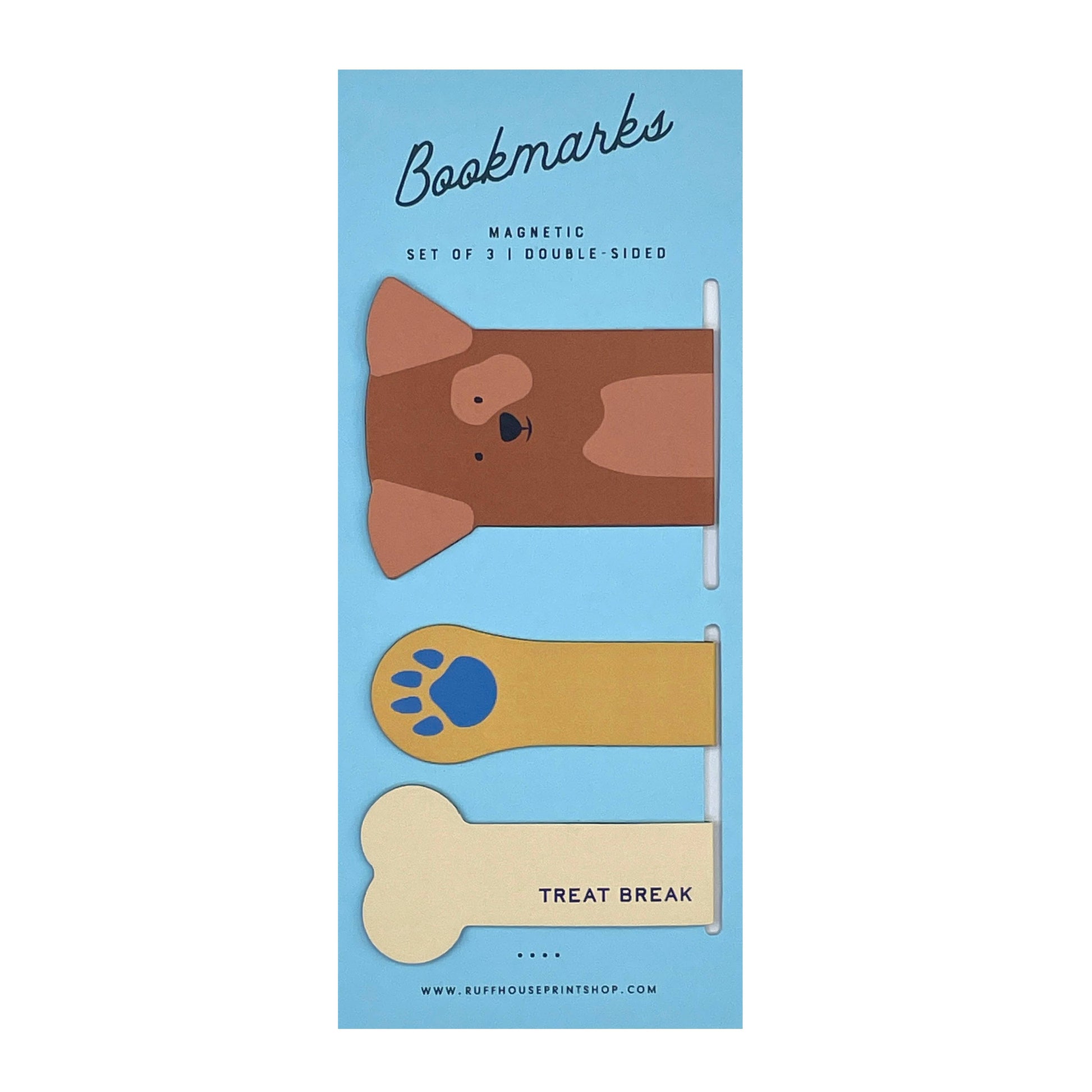 Set of three magnetic bookmarks with dog-themed illustrations on a blue background
