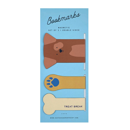 Set of three magnetic bookmarks with dog-themed illustrations on a blue background