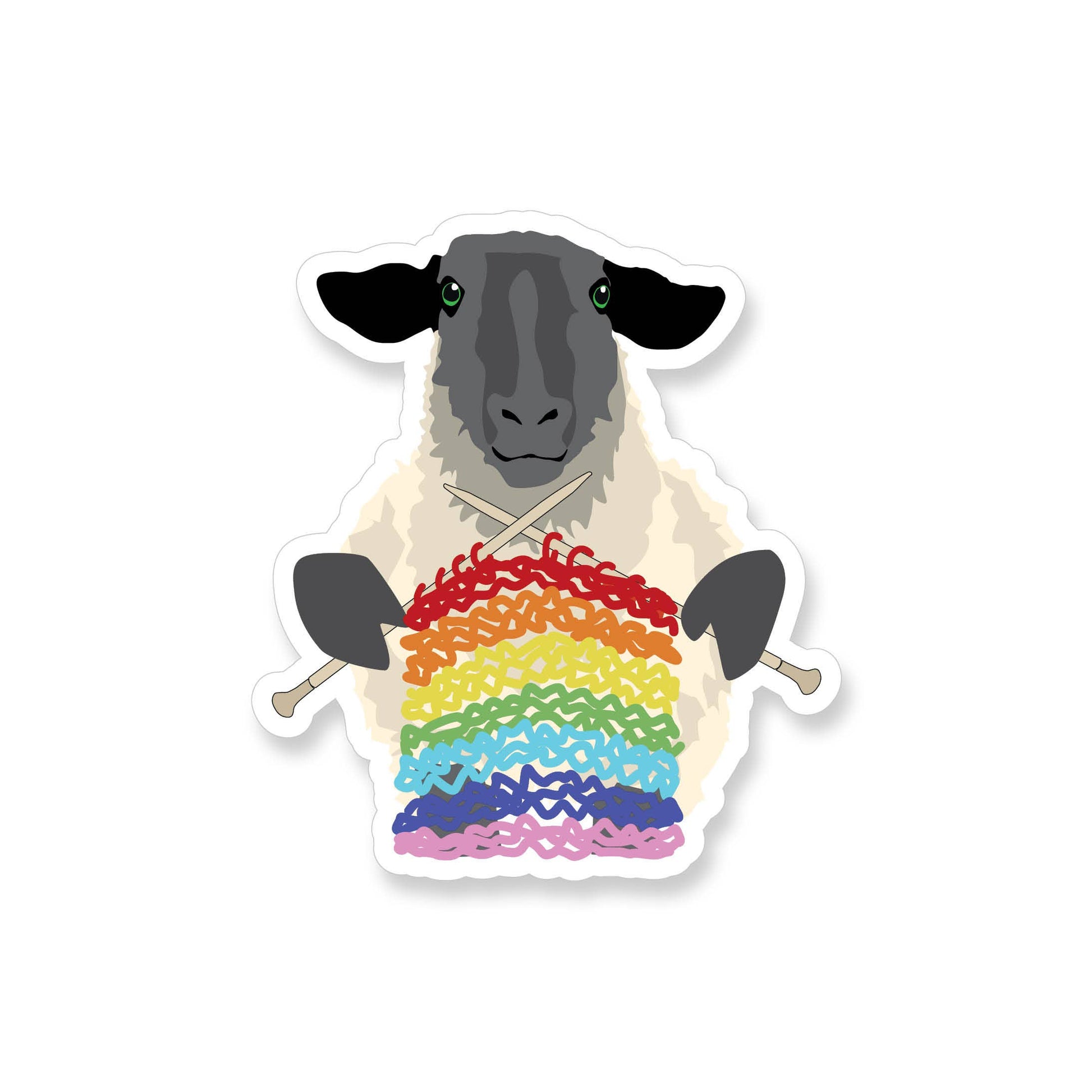 Sheep wearing a rainbow sweater with knitting needles on a white background