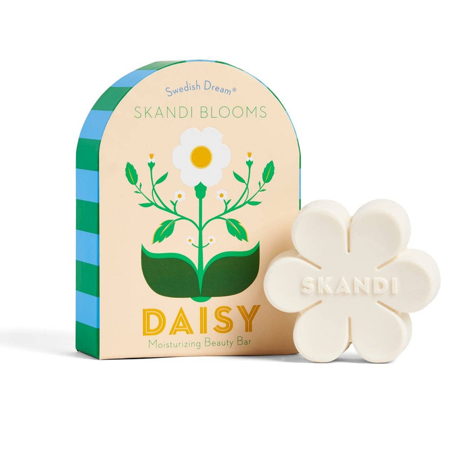 Skandi Blooms Daisy soap bar with packaging on a white background