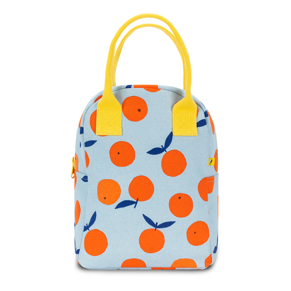 Small bag with orange pattern and yellow handles on a white background