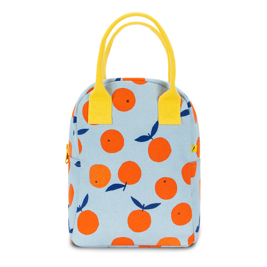 Small bag with orange pattern and yellow handles on a white background