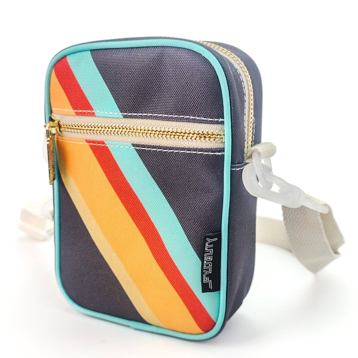 Small crossbody bag with colorful striped pattern on a white background