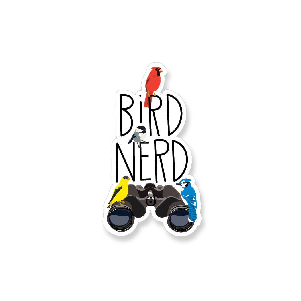 Sticker with 'Bird Nerd' text and bird illustrations on a white background