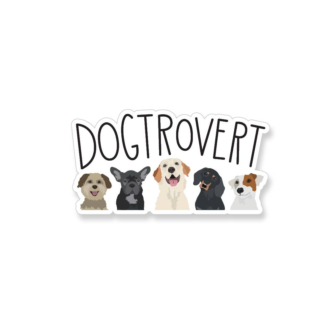 Sticker with 'DOGTROVERT' text and illustrations of five dogs on a white background