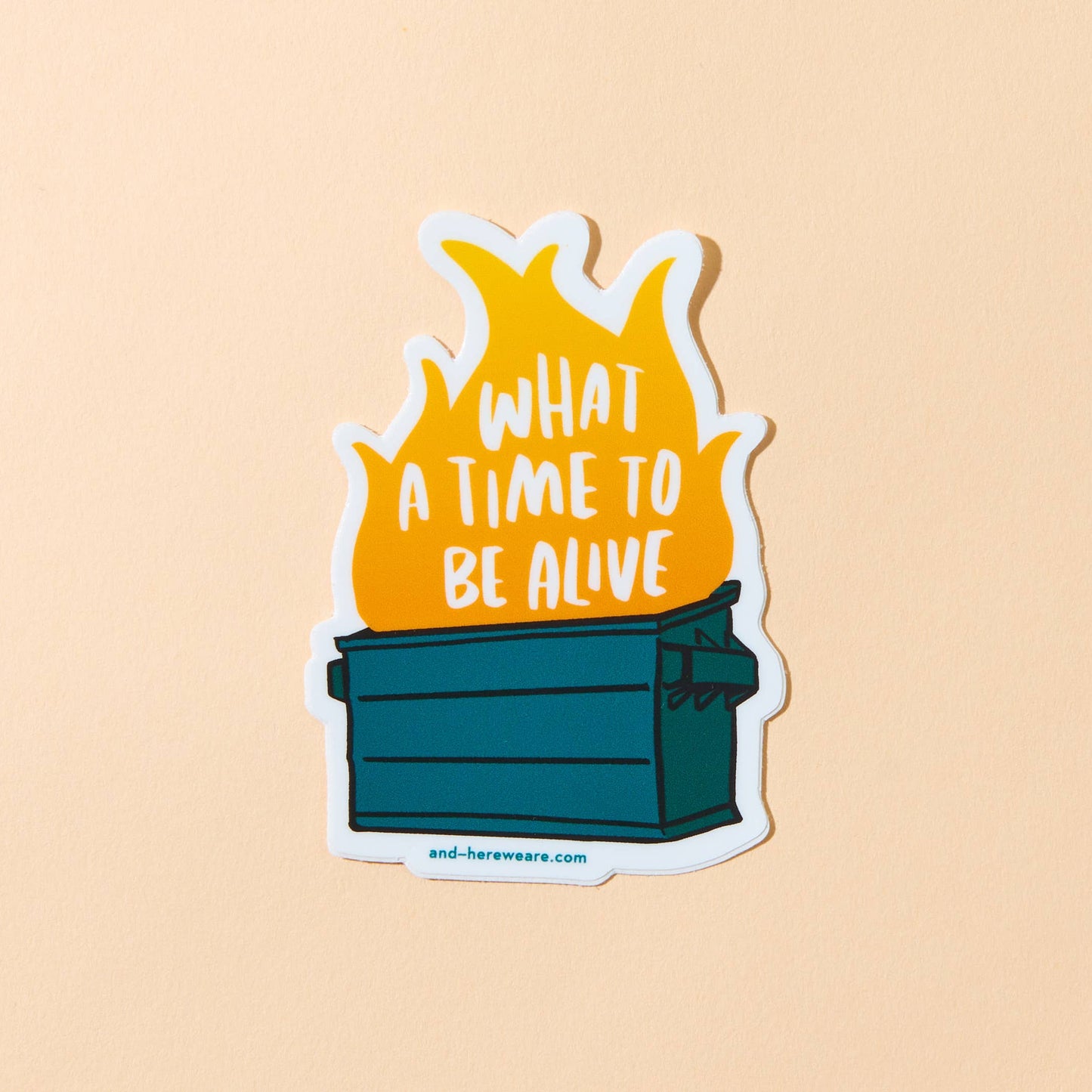 Sticker with a dumpster fire graphic and text 'What a time to be alive' on a beige background