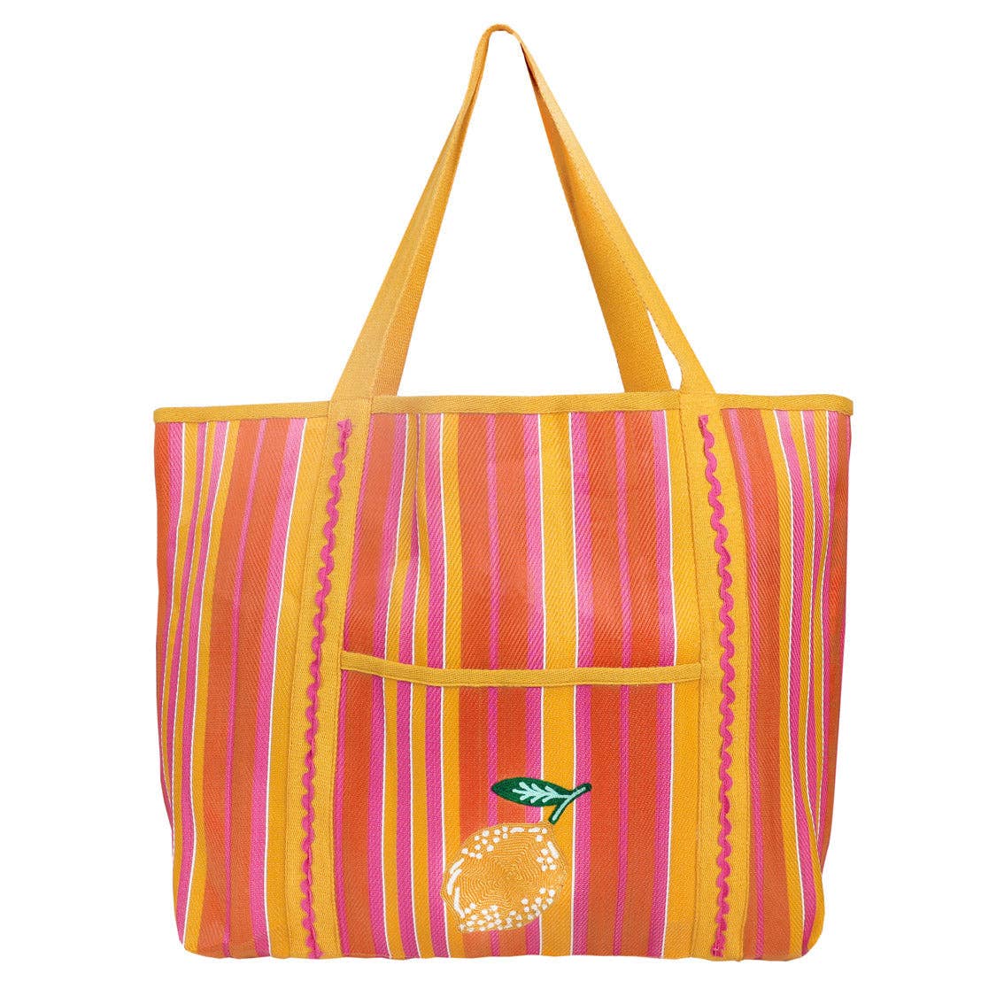 Striped tote bag with orange and pink pattern on a white background