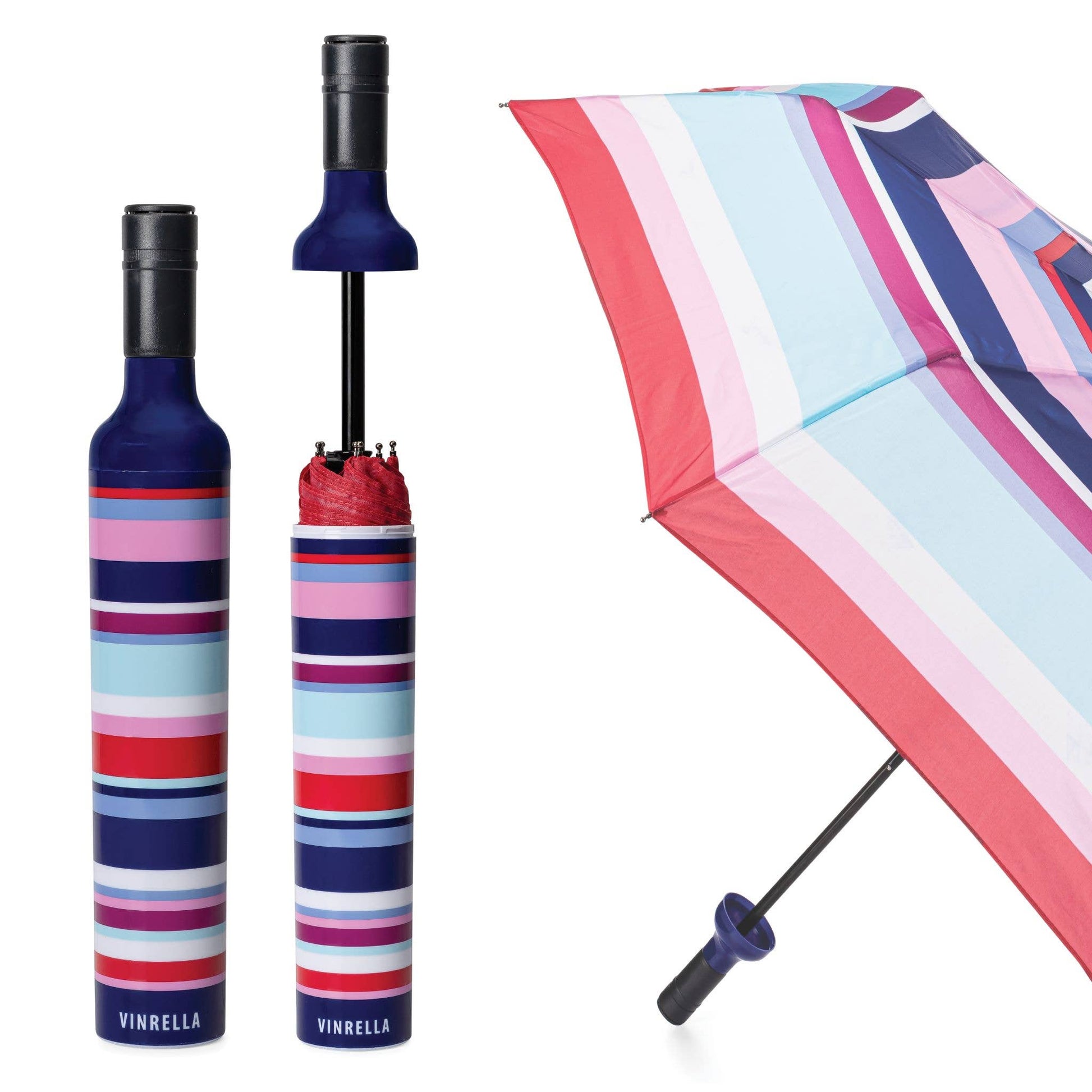 Striped umbrella with a bottle design, featuring the brand 'Vinrella'.