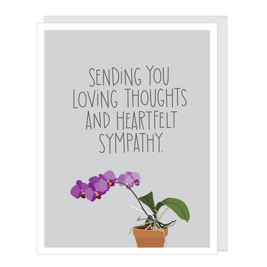 Sympathy card with purple orchid illustration and text on a light gray background