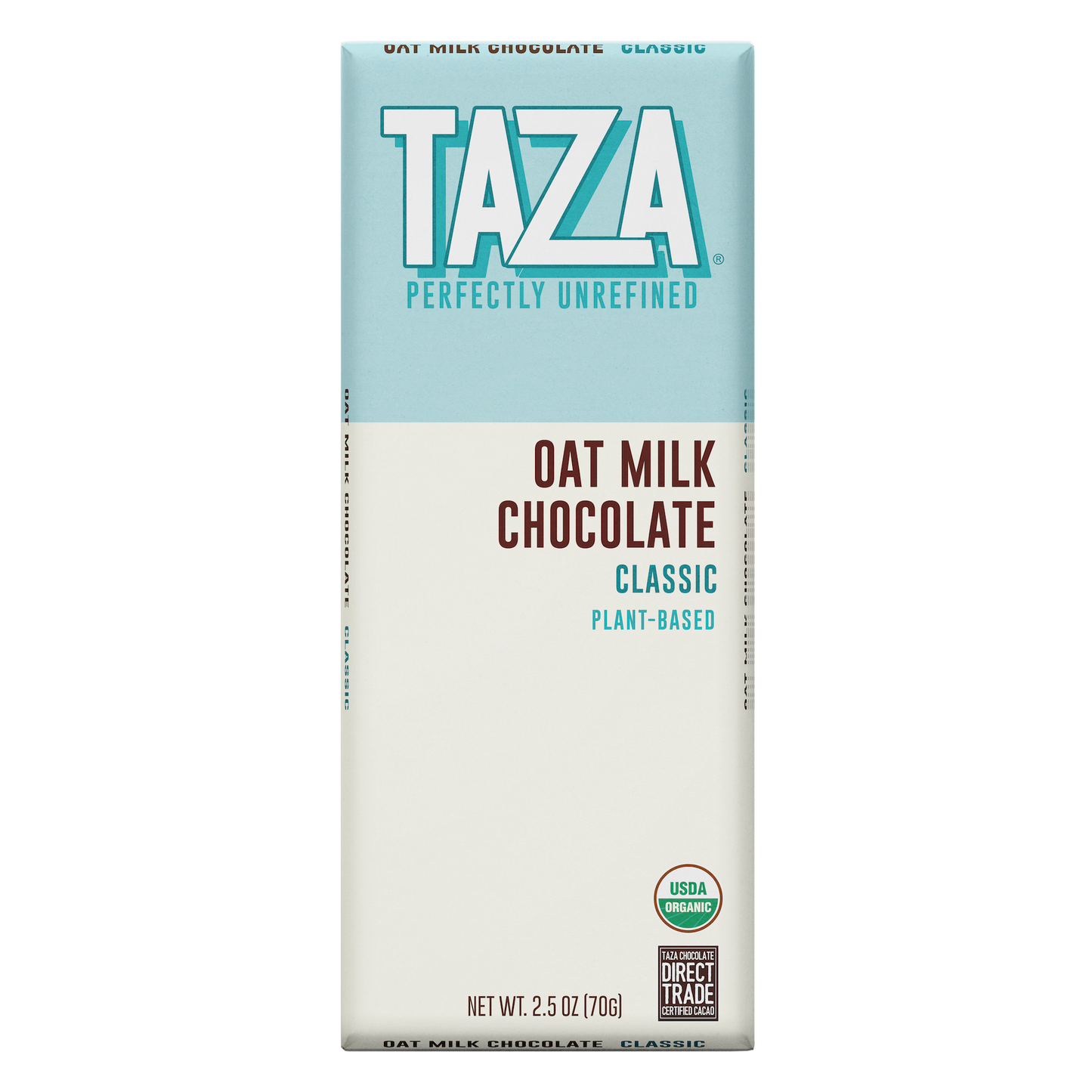 Taza Oat Milk Chocolate bar packaging on a white background
