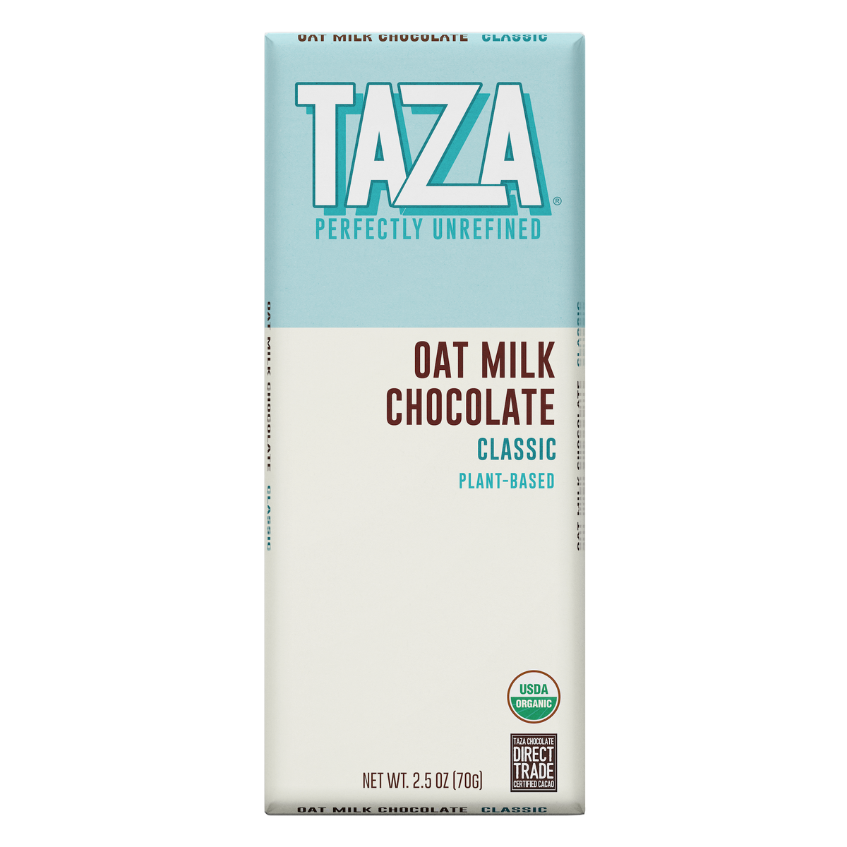Taza Oat Milk Chocolate bar packaging on a white background