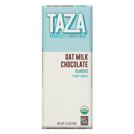 Taza Oat Milk Chocolate bar packaging on a white background