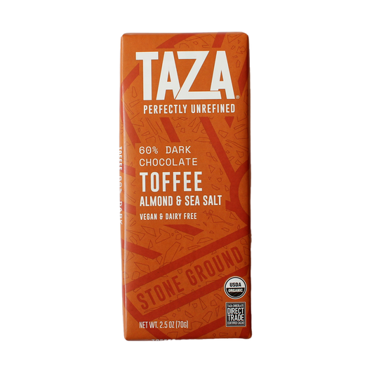 Taza chocolate bar packaging with orange and white design on a white background