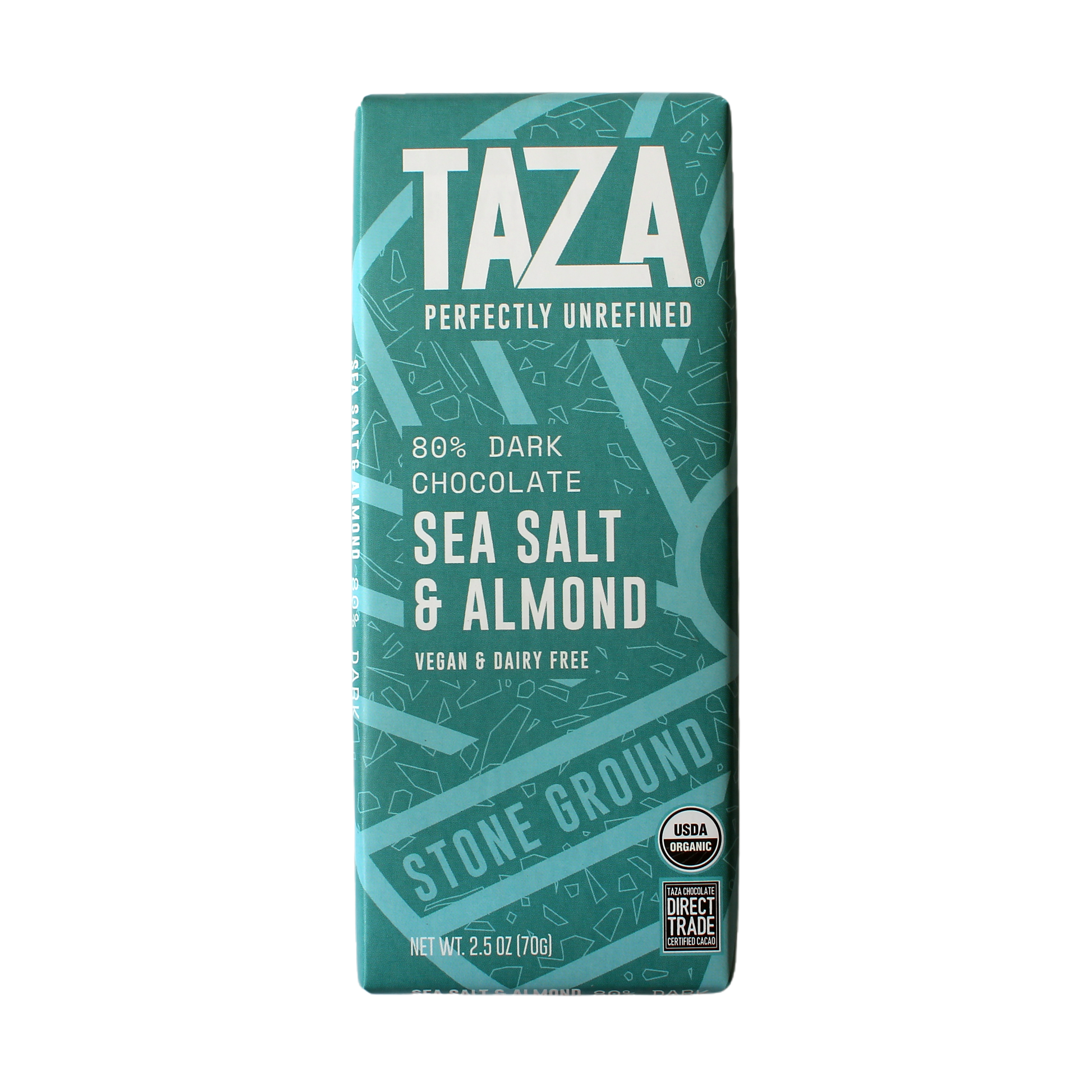 Taza chocolate bar packaging with sea salt and almond flavor on a white background