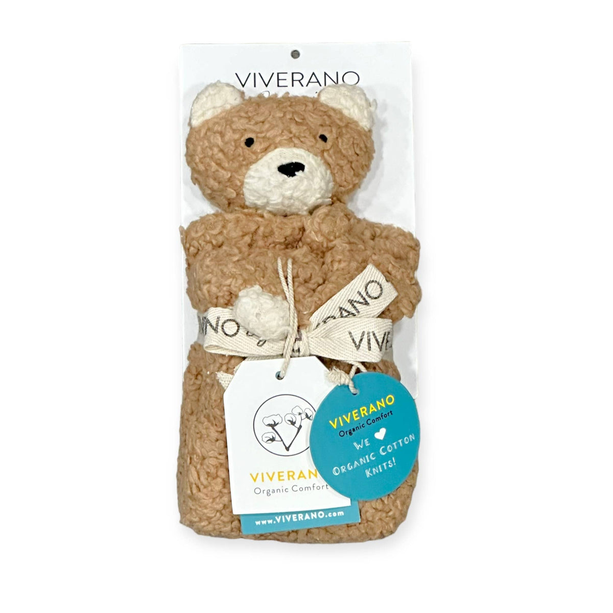 Teddy bear wrapped in a blanket with Viverano branding on a white background