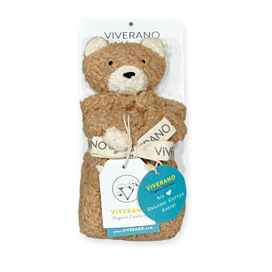 Teddy bear wrapped in a blanket with Viverano branding on a white background