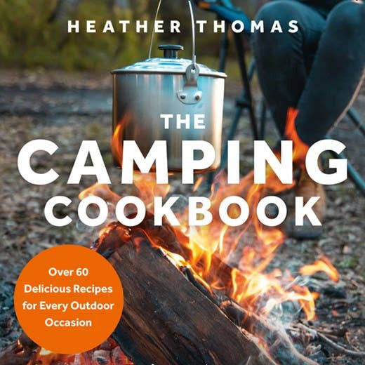 Book cover of 'The Camping Cookbook' with a camping scene and fire.