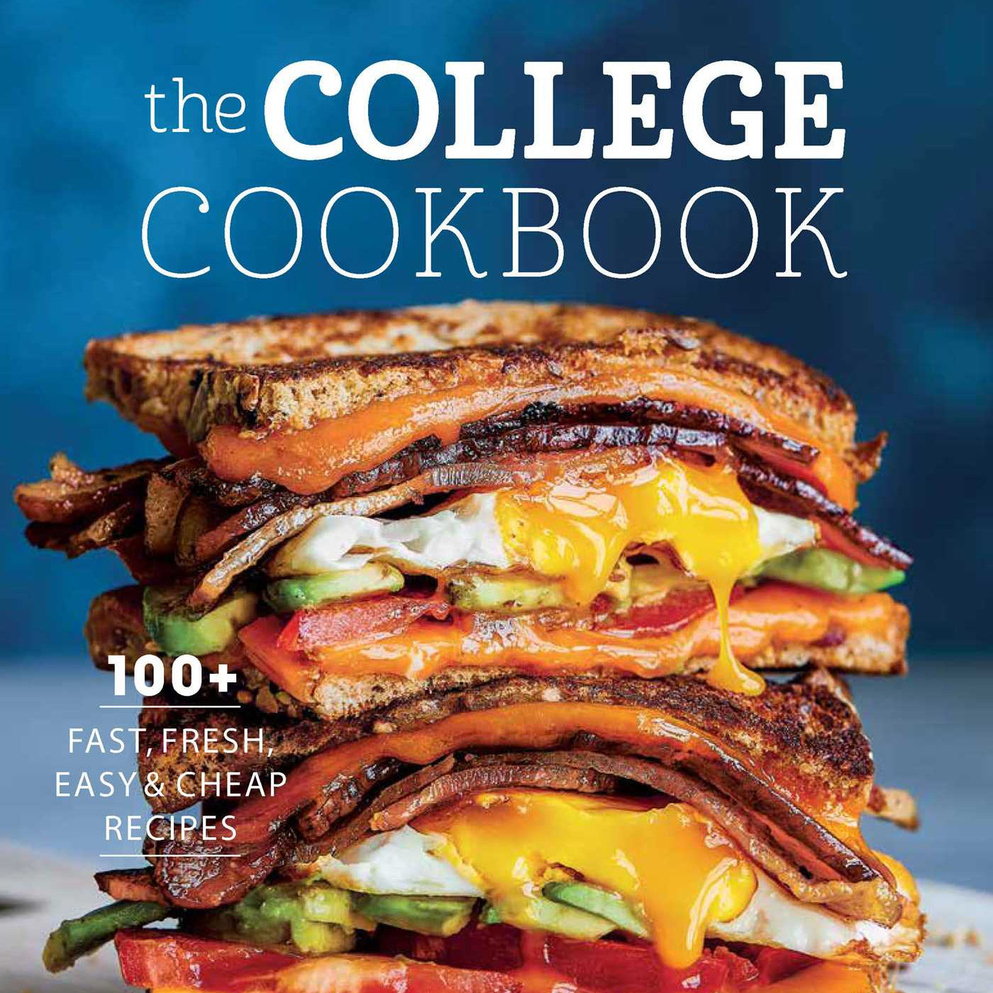 Book cover of 'The College Cookbook' with a layered sandwich on a blue background