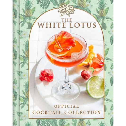 Book titled 'The White Lotus: Official Cocktail Collection' with a cocktail illustration on a green patterned background.